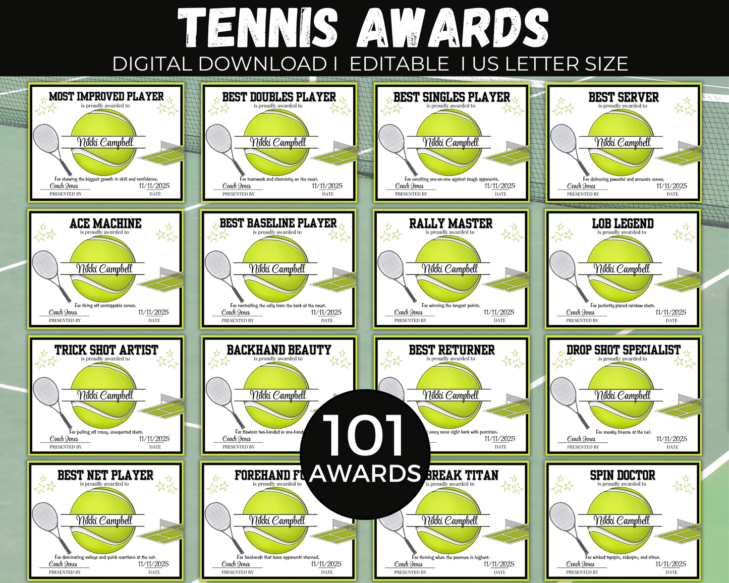 Editable Tennis Award Certificates