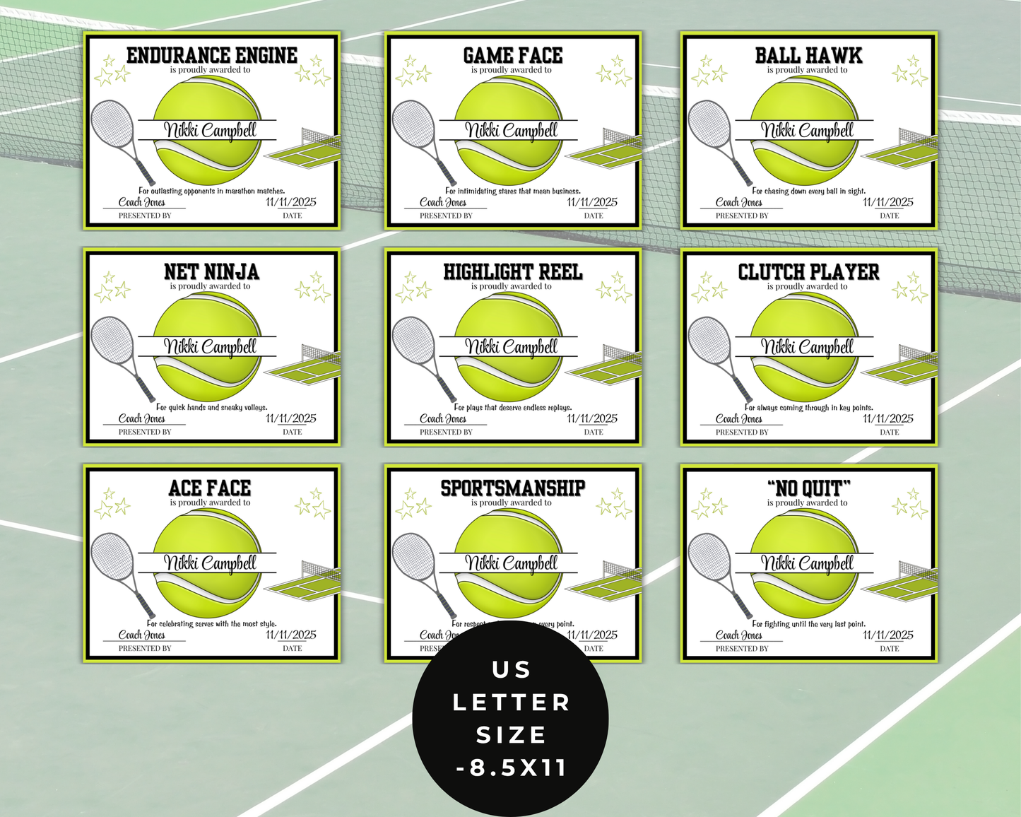 Editable Tennis Award Certificates