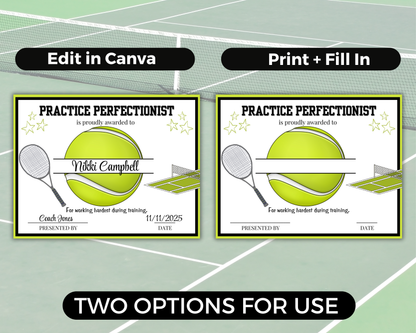 Editable Tennis Award Certificates