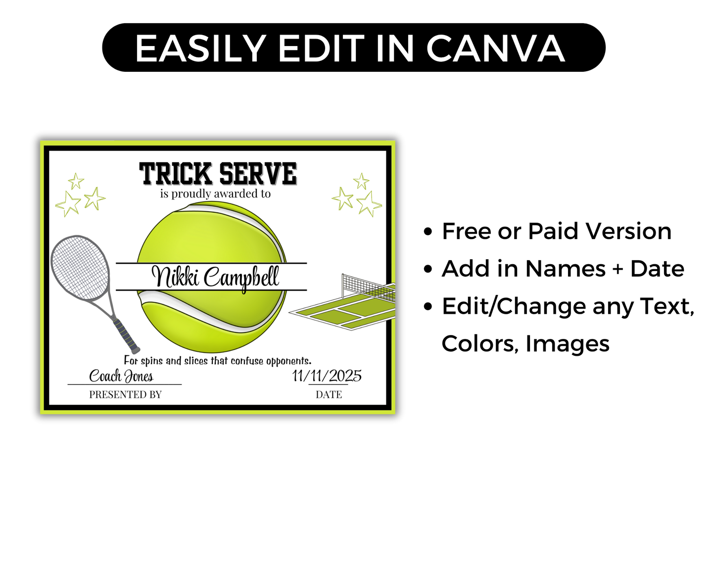 Editable Tennis Award Certificates