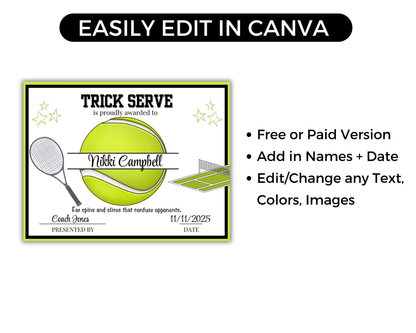 Editable Tennis Award Certificates