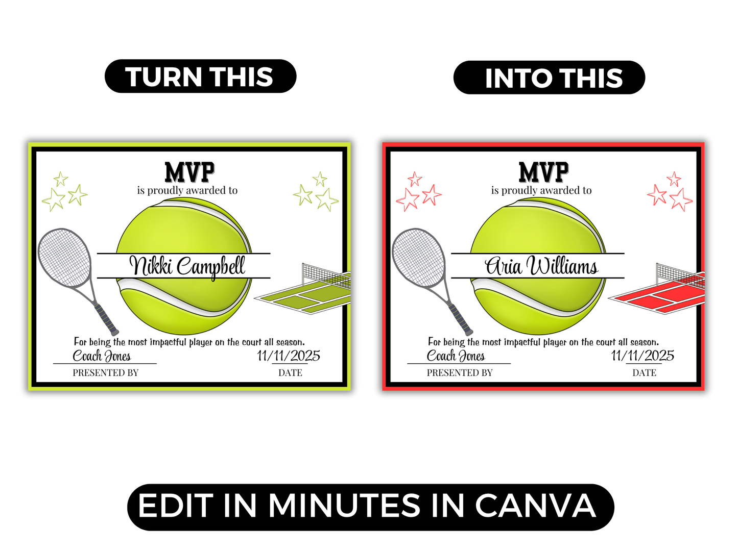 Editable Tennis Award Certificates