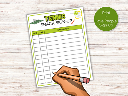 Tennis Snack Sign Up Sheet