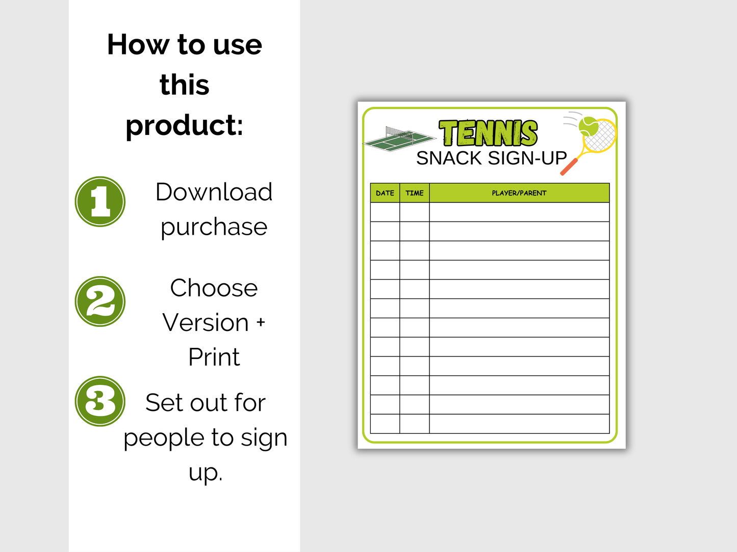 Tennis Snack Sign Up Sheet