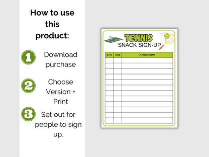 Tennis Snack Sign Up Sheet