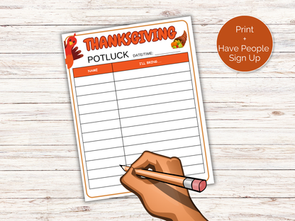 Thanksgiving Potluck Sign Up Sheet