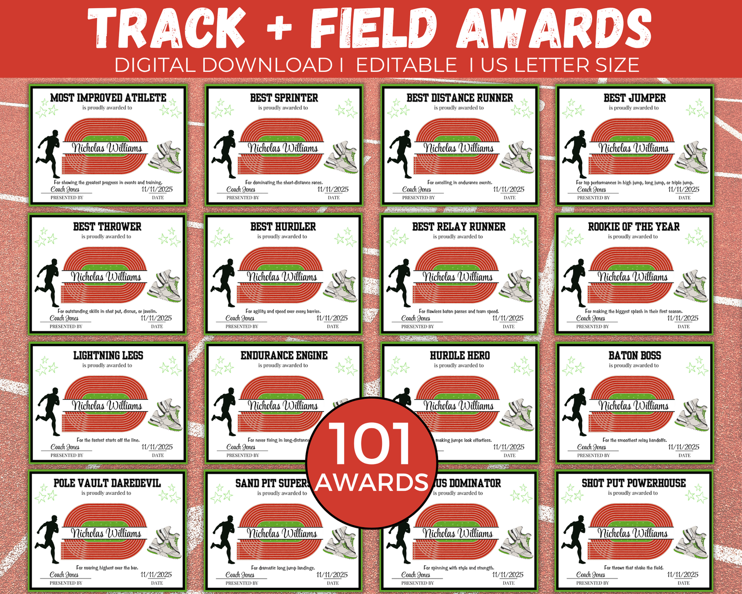 Editable Track + Field Award Certificates