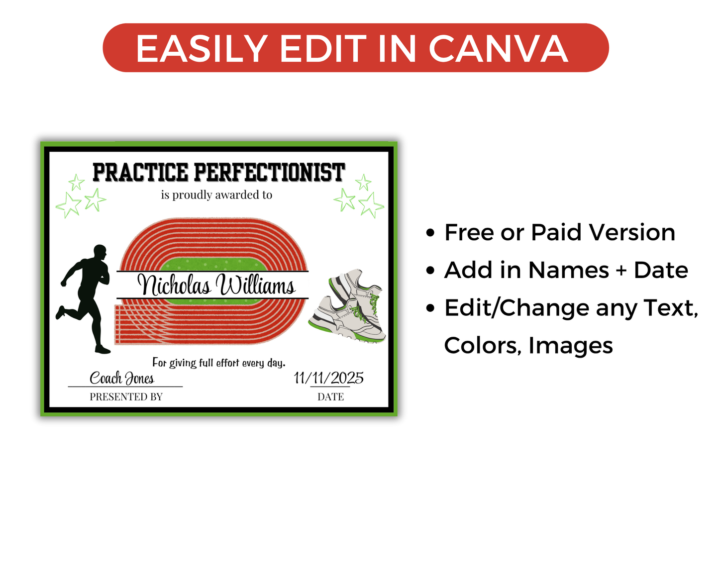 Editable Track + Field Award Certificates