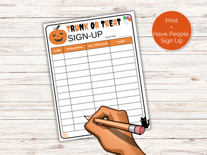 Trunk or Treat Sign Up Sheet