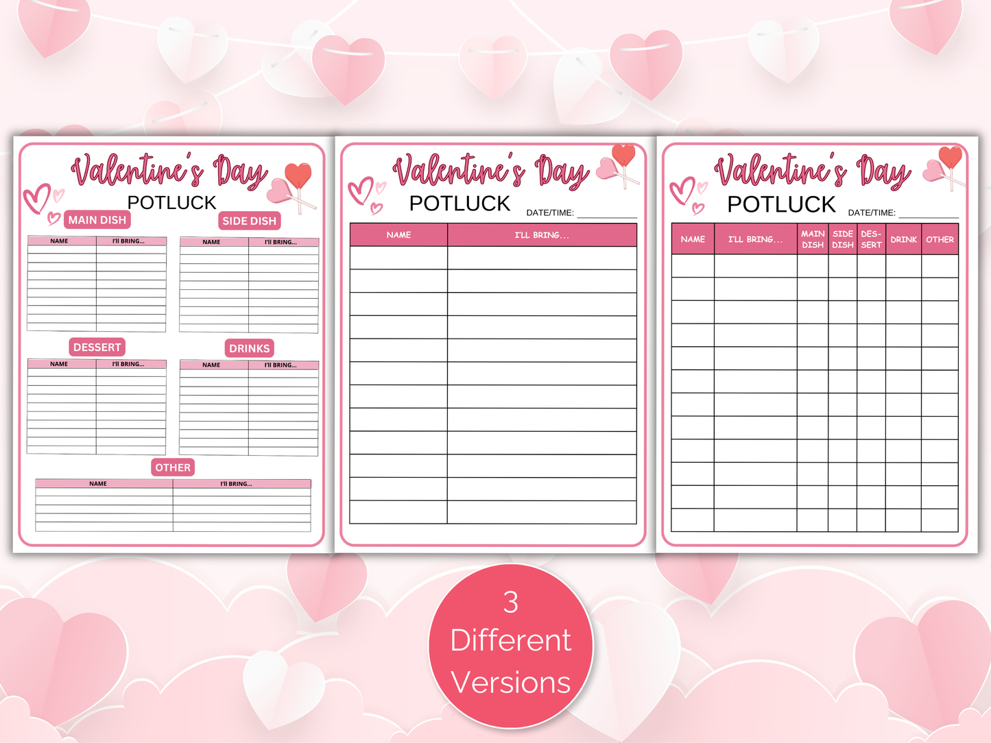 Valentines Day Potluck Sign Up Sheet