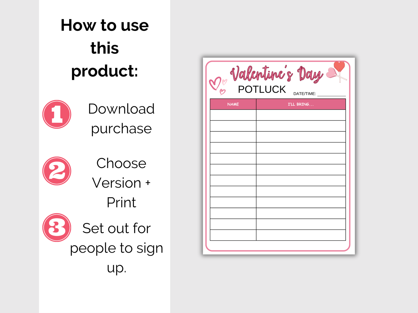 Valentines Day Potluck Sign Up Sheet