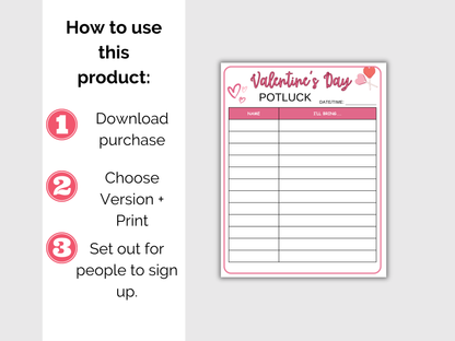 Valentines Day Potluck Sign Up Sheet
