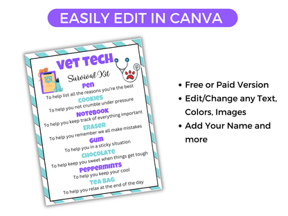 Editable Vet Tech Survival Kit Gift Tags