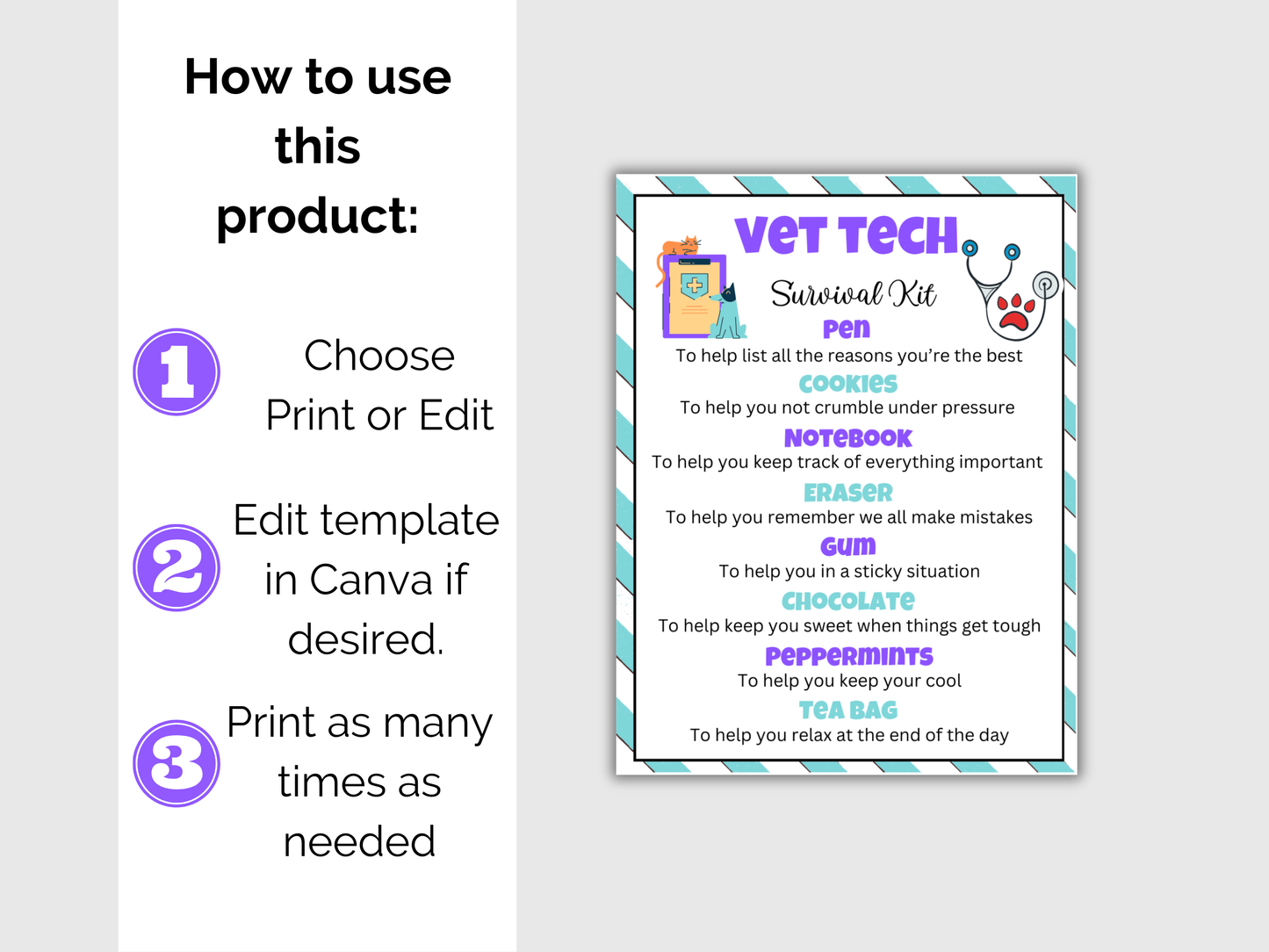 Editable Vet Tech Survival Kit Gift Tags