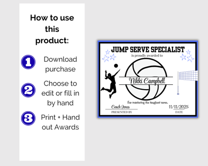 Editable Volleyball Award Certificates
