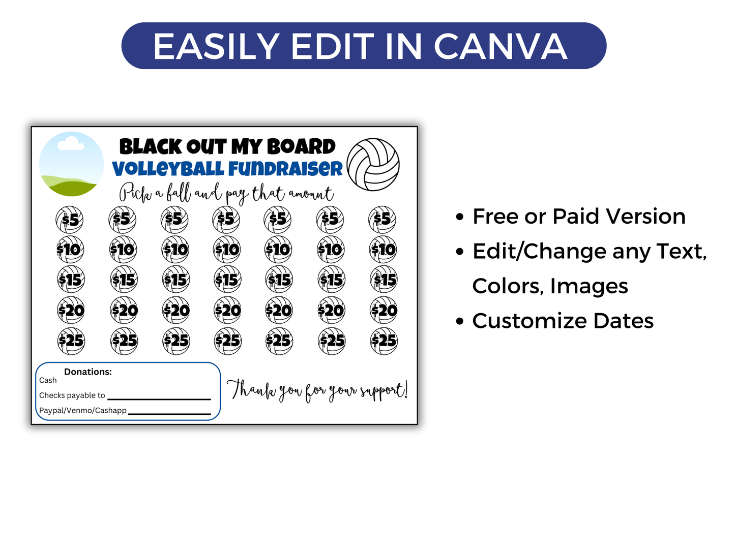 Editable Volleyball Black Out My Board Fundraiser