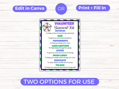 Editable Volunteer Survival Kit Gift Tags