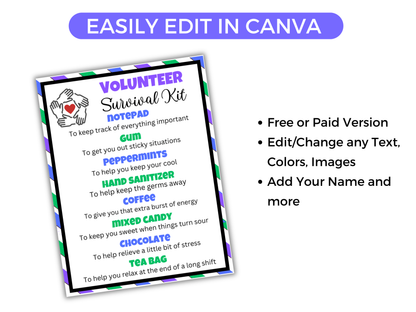 Editable Volunteer Survival Kit Gift Tags