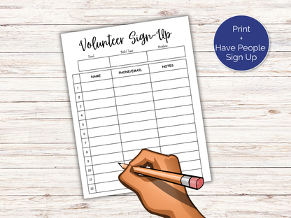 Volunteer Sign Up Sheet