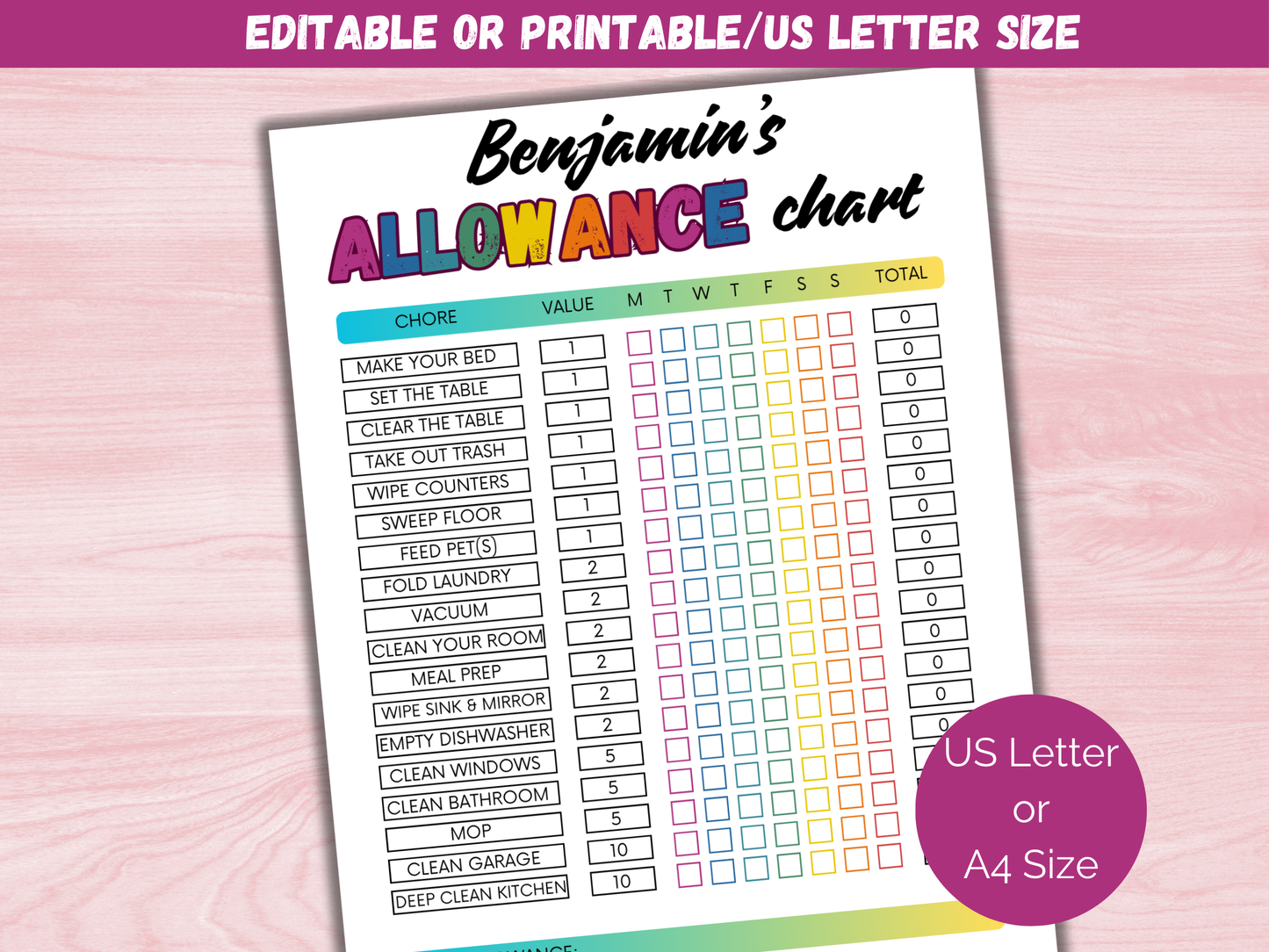 Editable Weekly Allowance Chore Chart