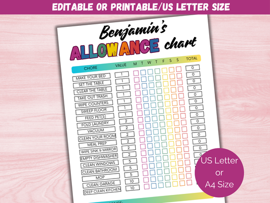Editable Weekly Allowance Chore Chart