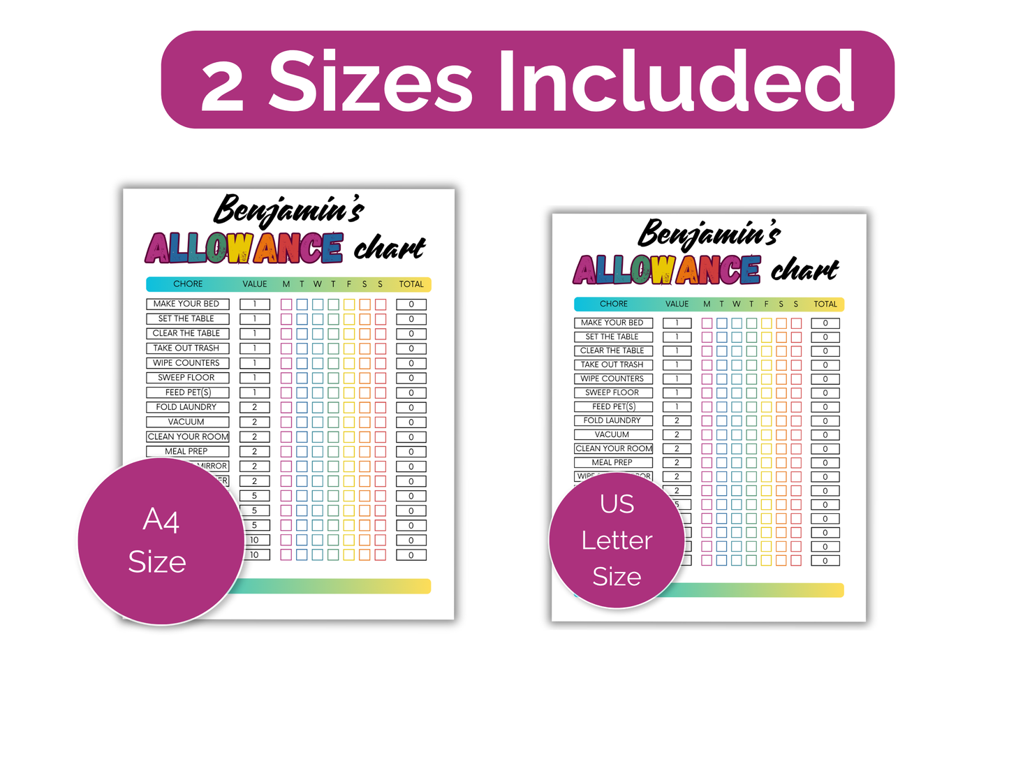 Editable Weekly Allowance Chore Chart