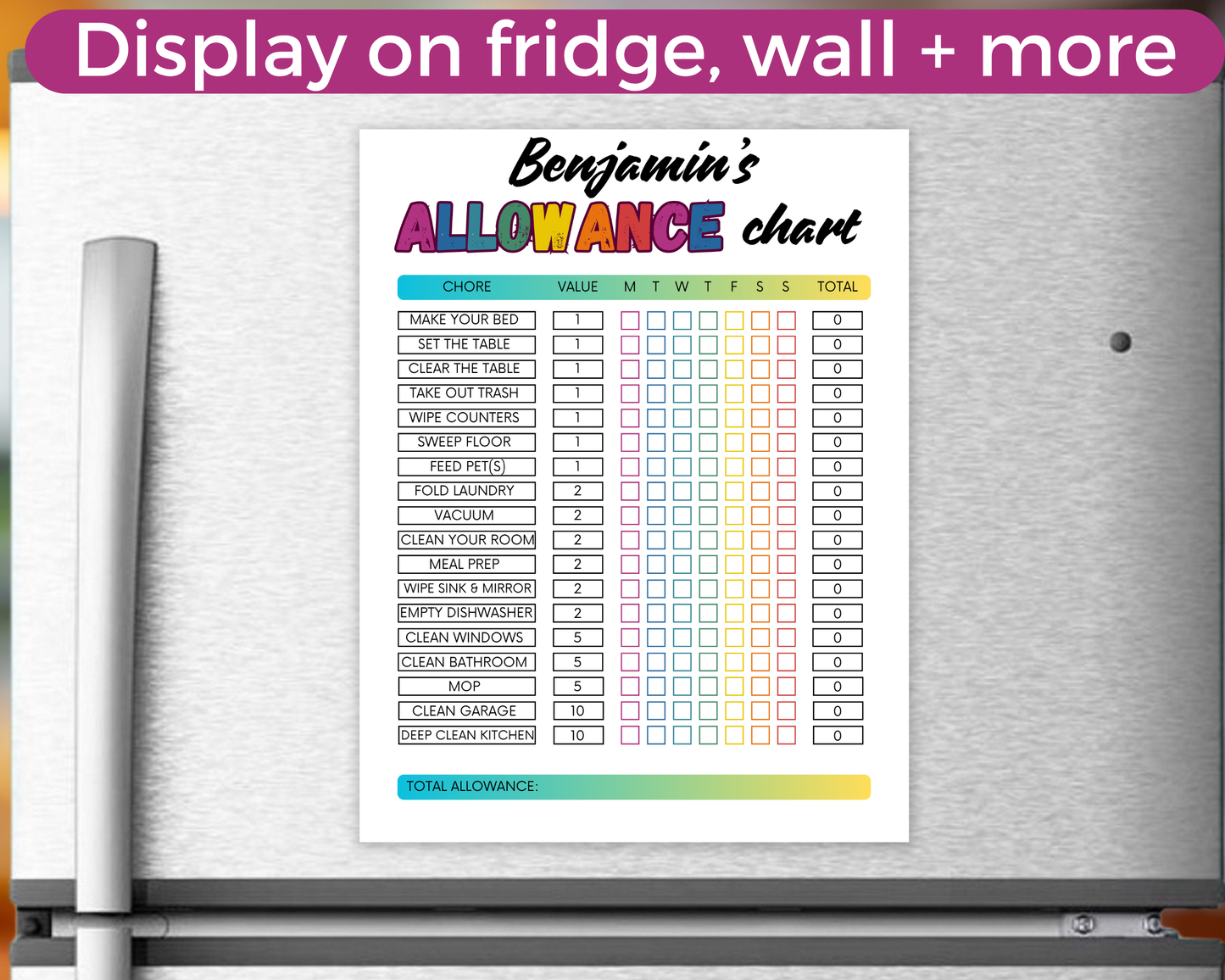 Editable Weekly Allowance Chore Chart