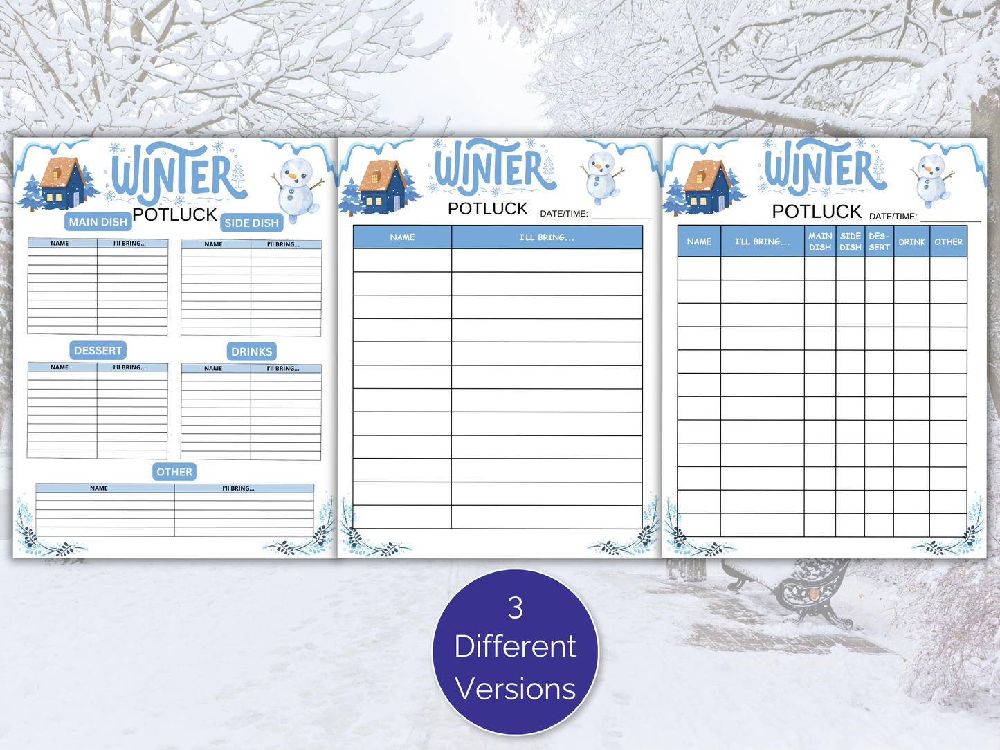 Winter Party Potluck Sign Up Sheet