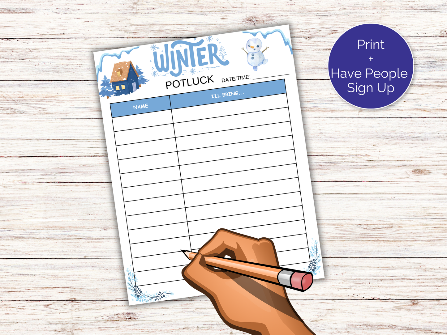 Winter Party Potluck Sign Up Sheet