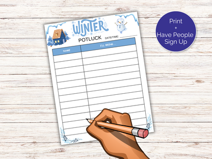 Winter Party Potluck Sign Up Sheet