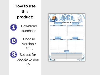 Winter Party Potluck Sign Up Sheet