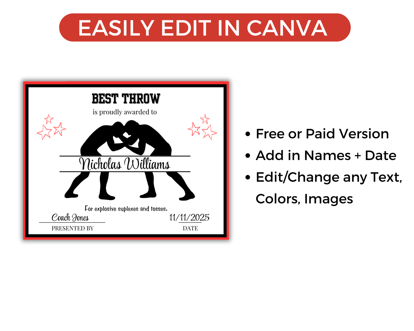 Editable Wrestling Award Certificates